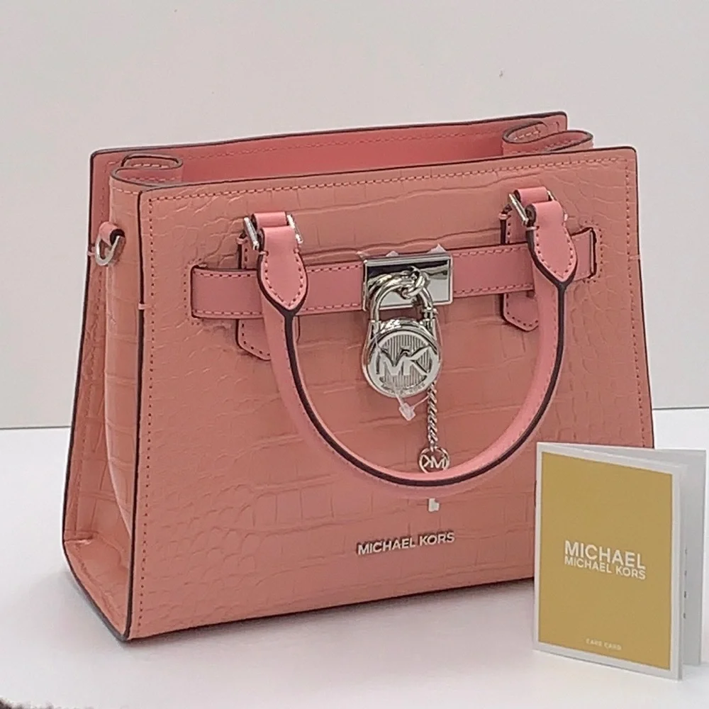 MICHAEL KORS Hamilton Small Crocodile Embossed Faux Leather Satchel Primrose NWT